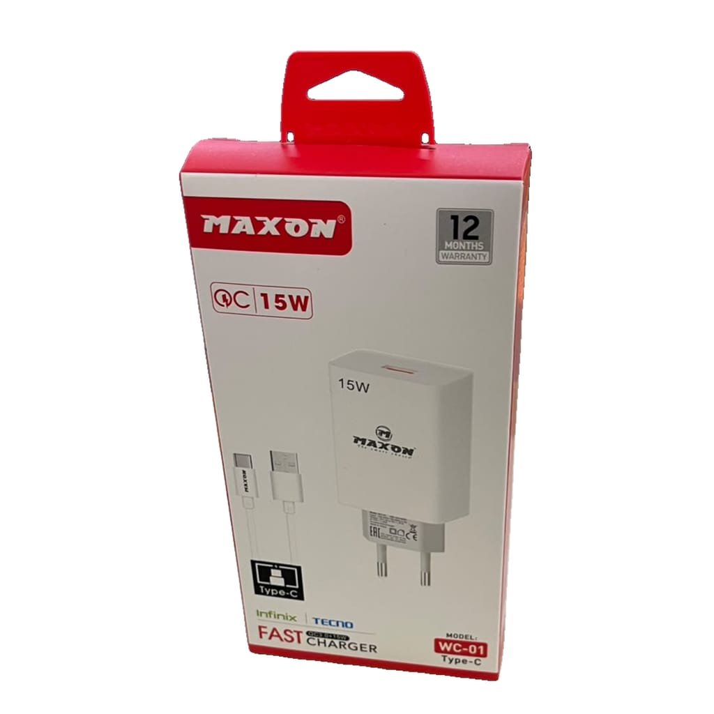 MAXON WC-01 Fast Charger 15W QC | Type-C Charger With Cable | Quick Charge Adapter For Infinix, Tecno, Samsung, Android | 12 Months Warranty